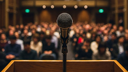 演台ではマイクを無視して聴衆に語りかける トップ画像