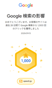 おめでとうございます。お客様のサイトは過去28日間で Google 検索から1,000 回のクリックを獲得しました